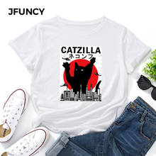 JFUNCY-Camiseta de talla grande para mujer, camisetas con estampado de gato de dibujos animados divertidos, camiseta de manga corta para mujer 100% algodón, Tops rosas para mujer 2024 - compra barato