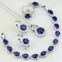 Conjunto de joyas redondas de Plata de Ley 925 con Circonia cúbica blanca y Circonia cúbica azul para mujer, pendientes, pulseras, collar, colgante, anillo 2024 - compra barato