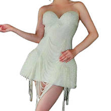 Mini vestido de pérolas branco brilhante, sem costas com borla, feminino, boate, perspectiva, festa, palco, cantor 2024 - compre barato