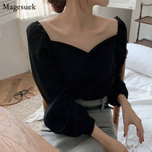 Женская блузка с квадратным вырезом, с открытыми плечами, однотонная, офисная, свободная, черная, винтажная, 13101 2024 - купить недорого