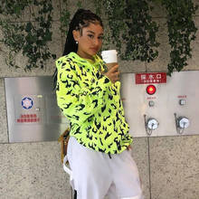 Moletom feminino casual neon 2020, blusão de manga longa com estampa de chamas, moda urbana, esportivo, de outono e inverno 2024 - compre barato