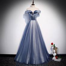 Женское бархатное платье с открытыми плечами, блестящее длинное вечернее платье из тюля с вырезом лодочкой на спине, для выпускного вечера, голубого цвета 2024 - купить недорого