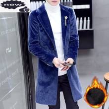 Korean Slim Fit Fleece Liner Warm Mens Trench Long Sleeve Single Breasted Fashion Faux Mink Fur Male Medium Length Coats 2024 - buy cheap