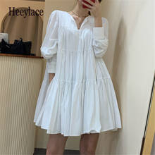 Vestido feminino gola v, primavera outono 2021, elegante, coreano, vintage, plissado, branco selvagem 2024 - compre barato