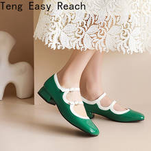 Novas sapatos de salto de couro femininos da moda, bico quadrado, salto largo, para escritório, preto, verde, bege 2024 - compre barato