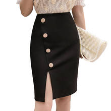 Women Formal Button Work High Wasit Black Cotton Pencil Skirts Elastic Solid Slim Long Skirts Split Package Hip Button Skits 89A 2024 - buy cheap