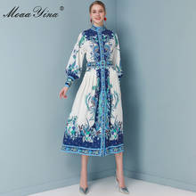 MoaaYina Fashion Designer dress Spring Autumn Women's Dress Stand collar Lantern sleeve Floral-Print Dresses 2024 - buy cheap
