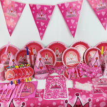 Mantel con temática de corona de princesa rosa, platos de papel, decoración de cumpleaños para niñas, suministros para fiestas, juego de vajilla desechable 2024 - compra barato