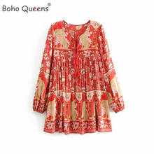 Boho Queens Women Ethnic Red Floral Print  Tassel Beach  Bohemian  Mini Dresses Ladies Tie Neck  Happie Dress Vestidos 2024 - buy cheap