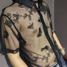 Camisa transparente de manga corta para hombres, camisa Sexy de encaje de Mariposa Negra, bordada, para Club Social, de lujo, de verano 2024 - compra barato