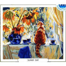 Amishop Gold Collection Lovely Counted Cross Stitch Kit Sunny Day Cat And Sunflower Flowers Rto 2024 - buy cheap