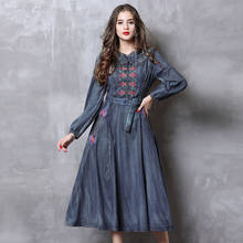 Vintage Autumn Denim Dress 2020 Women Long sleeve A-line Flower embroidery Ethic Cotton Midi Long Dresses W/ Sashes 2024 - buy cheap