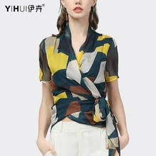 Fashion Colorful Plaid Print Chiffon Shirt Women Summer Short Sleeve Top With Sashes Crossed V-Neck Ladies Casual Office Blouse 2024 - buy cheap