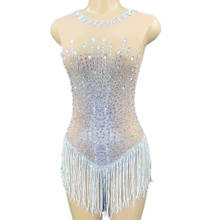 Gauze/Spandex Tassel Bodysuit Women Rhinestones Costume Sleeveless O-Neck Ladies Dance Costume Club Stage Clothing 2024 - buy cheap