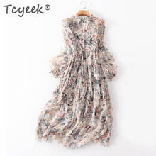 Tcyeek vestido de verão 100% seda real feminino vintage longo bordado floral vestidos femininos elegantes vestido de festa de tarde 2024 - compre barato