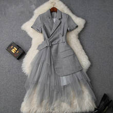 Женское офисное коктейльное платье, элегантное серое платье-блейзер с отложным воротником, Сетчатое вечернее платье для подиума 2024 - купить недорого