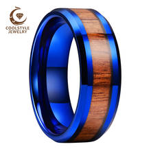 Anel masculino de carboneto de tungstênio azul, 8mm, polido, bordas chanfradas, pulseira de madeira, conforto para casamento 2024 - compre barato