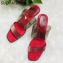 SUOJIALUN 2020 Summer Thin High Heels Women Slipper PVC Transparent Slides Ladies Sexy Red Dress Slides Shoes Flip Flop 2024 - buy cheap