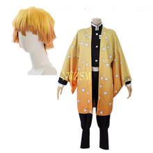 Conjunto completo de roupas para cosplay, uniforme de kimono agatsuma zenitsu, para crianças, festa de halloween, demon slayer, kimetsu no yaiba 2024 - compre barato