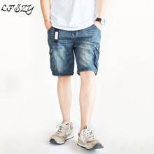 Verão calças jeans masculinas em linha reta calções de cinco peças moda coreano multi-bolso workwear denim shorts tamanho 28-40 42 2024 - compre barato