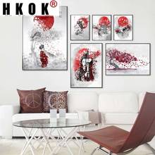 HKOK Abstract Canva Painting Poster Print Japanese Woman Sun Building Nordic Wall Art Picture Home Decor Living Room Unframed 2024 - купить недорого