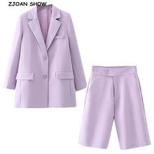 2020 Autumn 70s Boyfriend Women Long Blazer Lavender Loose High Waist Knee Length Wide Leg Pants Long Sleeve Suits 2 Pieces Set 2024 - buy cheap