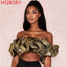 HQBORY 2020 Fashion Gold Lame Ruffle Bustier Crop Top Women Party Club Crop Top Sexy Puff Sleeve Bodycon Top 2024 - buy cheap