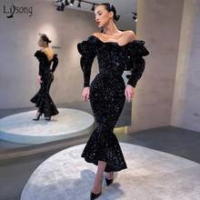 Sparkly Sequin Off Shoulder Prom Dresses Mermaid Black Bling Bling Ankle Length Evening Gown Long Sleeve Ruffled Arabic Dress 2024 - buy cheap