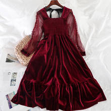 Новое Осеннее кружевное Золотое бархатное платье для подиума, женское платье с длинным рукавом, модное женское тонкое Черное вечернее платье 2024 - купить недорого