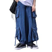 Idopy calças jeans masculinas estilo japonês, calças jeans masculinas estilo harajuku soltas com vários bolsos, para mulheres e homens 2024 - compre barato
