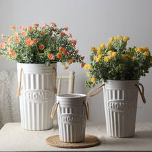 Vaso de cerâmica branco com fio de cânhamo, vaso de flores retrô com design canelado, peça central de decoração para casa 2024 - compre barato