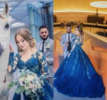 Blue Lace Wedding Dresses with Long Sleeve Applique Princess Sheer O-neck Sweep Train Garden Plus Size Bride Reception Gown 2024 - buy cheap