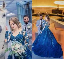 Vestidos de novia de encaje azul con apliques de manga larga, vestido de princesa transparente con cuello redondo, tren de barrido para jardín, vestido de recepción de novia de talla grande 2024 - compra barato