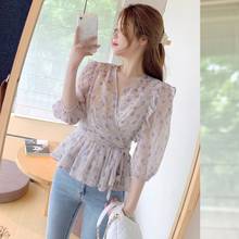 New 2021 Korean Shirt Long Sleeve Floral Print Chiffon Shirt Female Pleated Waist Sweet Blouses Women Office 2024 - buy cheap