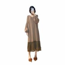 New Fashion Autumn And Winter Women Dress Stretch Wool Knitted Patchwork Chiffon V-neck Long sleeve Loose Long Dresses ok679 2024 - buy cheap