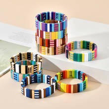 New Stripe Enamel Tile Stacking Stretch Bracelets Handmade Bohemian Alloy Strand Beads Wrap Bracelets Bangles New Women Gift 2024 - buy cheap