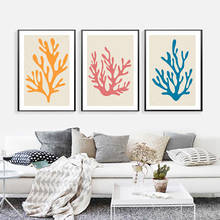 Arte de parede moderna abstrata folhas planta, poster artístico, impressão em tela, gráfico vermelho azul verde, sala de estar, decoração de casa 2024 - compre barato