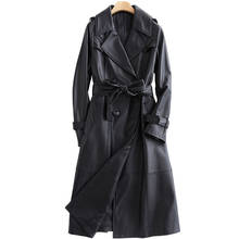 Lautaro Long black leather trench coat for women long sleeve belt lapel Women fashion 2020 Luxury spring British Style outerwear 2024 - купить недорого