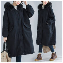 Black new cotton coat in winter warm fashion big fur collar casual loose large size medium long thick Hooded cotton coat D165 2024 - buy cheap