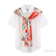 Camisa de mangas curtas com estampa, cachecol, costura, de verão feminina, estilo coreano, blusa solta, branca, para mulheres, 2021 2024 - compre barato