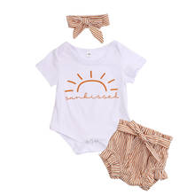0-24M Newborn  Baby Girls Summer Creative Sun Short Sleeve Round Collar Romper + Sweet Striped Shorts + Bow Headwear Outfit Set 2024 - buy cheap