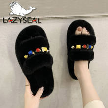 LazySeal Winter Gemstone Slippers Women Shoes Warm Faux Fur Fashion Flip Flops Indoor Flat Heel Casual Plush Women's Furry Shoes 2024 - buy cheap