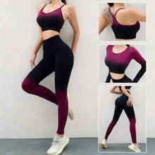 3 Pcs Ombre Women Yoga Set Fitness Workout Sportswear Long Sleeve Crop Top Sports Bra Seamless Leggings Gym Clothing Sports Suit 2024 - buy cheap