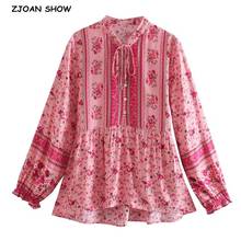 BOHO Bandage Open buttons V neck Floral Print Shirt Hippie Women Tie Bow Lacing up Waist Long Sleeve Blouse Holiday Tops Beach 2024 - buy cheap