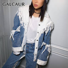 GALCUAR Patchwork Tassel Denim Coat For Women Lapel Flare Long Sleeve Hit Color Irregular Hem Blue Coats Female 2022 Clothing 2024 - buy cheap