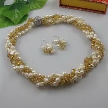 Baroque Pearl Necklace Earrings Jewelry Set Champagne Crystal 6mm White Real Freshwater Pearls Jewelry Fashion Women Gift 2024 - buy cheap