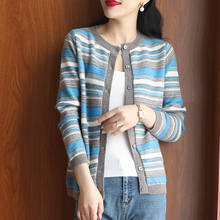 2021 Fashion Striped 100%Pure Wool Cardigan Women Round Neck Autumn And Winter New Sweater Wild Coat Knitted Cashmere Top Jacket 2024 - buy cheap