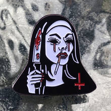 Nasty Habit Pin Smoking Nun Holding Bloody Knife Badge Inverted Cross Blood Running from Black Eyes Goth Punk Horror Scary Decor 2024 - buy cheap