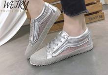 Novos mocassins mulher plataforma apartamentos falso strass tênis rendas-up prata sólida creepers mujer casual sapatos planos 2024 - compre barato