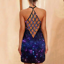 Mini vestido sem mangas gola v sensual, vestido com estampa de céu estrela, aberto e casual de verão, tamanho grande 2024 - compre barato